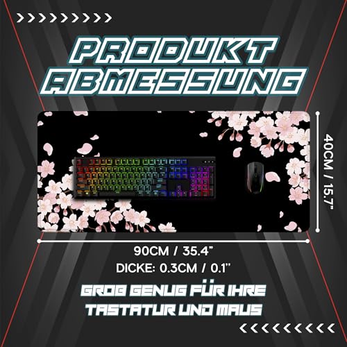 Schreibtischunterlage XXL Mauspad Gaming | Schreibtischunterlage Groß Maus Pad | Großes Mauspad XXL Gaming | Tastatur Unterlage Schreibtisch Matte - Mousepad 900x400 mm, Schwarz Sakura Bild 6