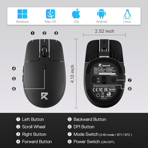 Redragon BM4162 Wireless Maus, Dual-Mode 2.4GHz/BT Maus, Leichtes Floating-Button-Design, Geräuschloser klick, 5 Einstellbare DPI bis zu 4000, Ergonomische Kompaktmaus für Mac & Windows Bild 6