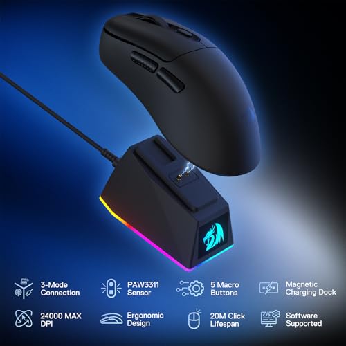 Redragon M998 - Leichte Wireless Gaming Maus mit RGB Magnet-Lade Dock, BT/2.4G Wireless/Kabelgebundene optische Maus, 24000 DPI, 5 programmierbare Tasten für PC/Mac, Schwarz Bild 2