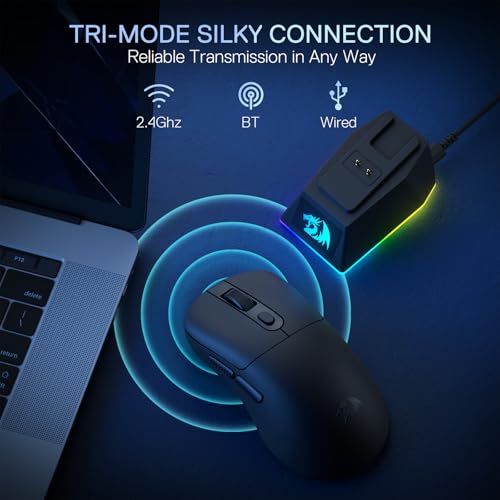 Redragon M998 - Leichte Wireless Gaming Maus mit RGB Magnet-Lade Dock, BT/2.4G Wireless/Kabelgebundene optische Maus, 24000 DPI, 5 programmierbare Tasten für PC/Mac, Schwarz Bild 3