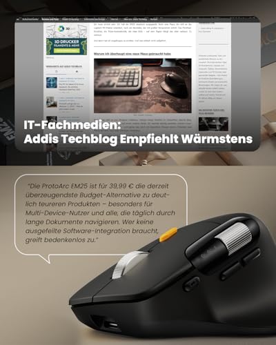 ProtoArc EM25 Ergonomische Maus mit Schnelles Scrollen, 2.4G Kabellos + 2*Bluetooth Wiederaufladbare Mouse, Seitliches Mausrad, Anpassbare Schaltflächen, 8K DPI, für Windows/Mac/Android - Schwarz Bild 2