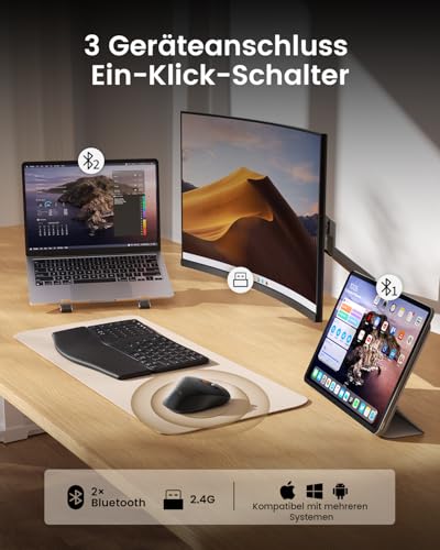 ProtoArc EM25 Ergonomische Maus mit Schnelles Scrollen, 2.4G Kabellos + 2*Bluetooth Wiederaufladbare Mouse, Seitliches Mausrad, Anpassbare Schaltflächen, 8K DPI, für Windows/Mac/Android - Schwarz Bild 5