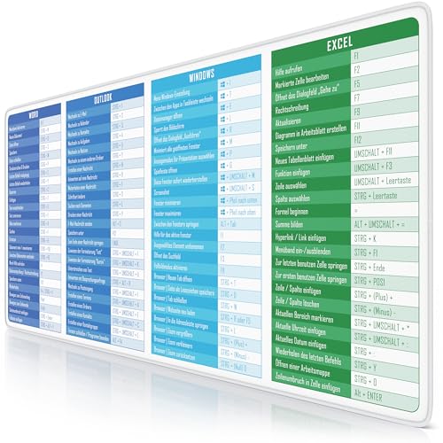 TITANWOLF - XXL Speed Gaming Mauspad 900 x 400mm - Excel Windows Outlook Word Shortcut Tastenkürzel auf DEUTSCH - Weiß Bild 1