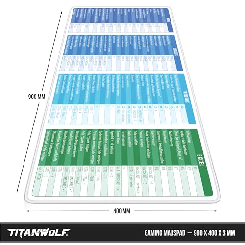 TITANWOLF - XXL Speed Gaming Mauspad 900 x 400mm - Excel Windows Outlook Word Shortcut Tastenkürzel auf DEUTSCH - Weiß Bild 2