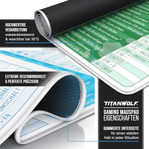 TITANWOLF - XXL Speed Gaming Mauspad 900 x 400mm - Excel Windows Outlook Word Shortcut Tastenkürzel auf DEUTSCH - Weiß Bild 3