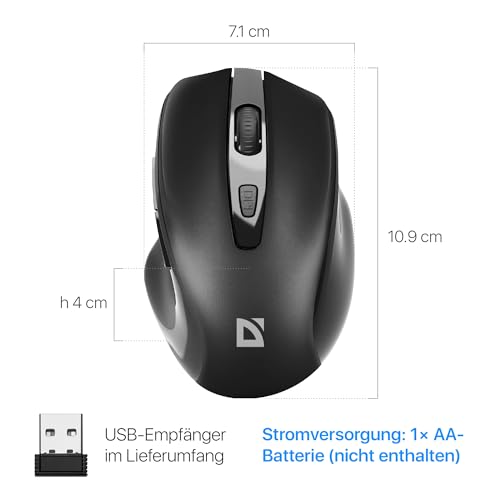 Defender Prime MB-053 – Kabellose Ergonomische Maus, Silent Click, 6 Tasten, 1600 DPI, PixArt Sensor, Büro Maus für PC Laptop (Schwarz) Bild 7
