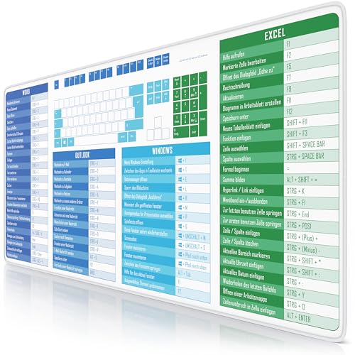 TITANWOLF - XXL Speed Gaming Mauspad 900 x 400mm - Tastatur Excel Windows Outlook Word Shortcut Tastenkürzel auf DEUTSCH - MS Keyboard Weiß Bild 1