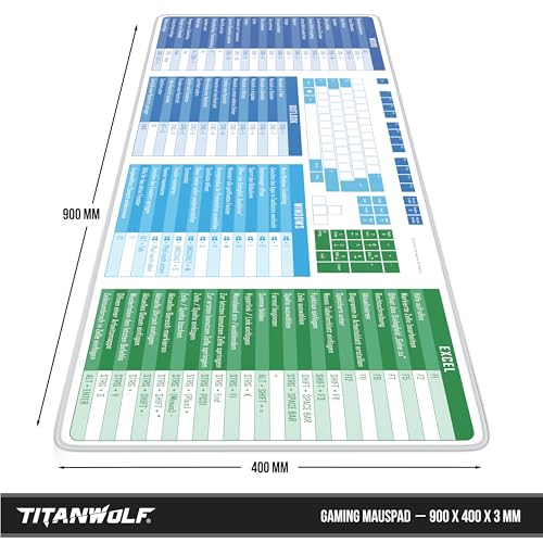 TITANWOLF - XXL Speed Gaming Mauspad 900 x 400mm - Tastatur Excel Windows Outlook Word Shortcut Tastenkürzel auf DEUTSCH - MS Keyboard Weiß Bild 2