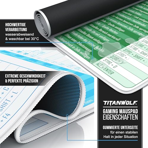 TITANWOLF - XXL Speed Gaming Mauspad 900 x 400mm - Tastatur Excel Windows Outlook Word Shortcut Tastenkürzel auf DEUTSCH - MS Keyboard Weiß Bild 3