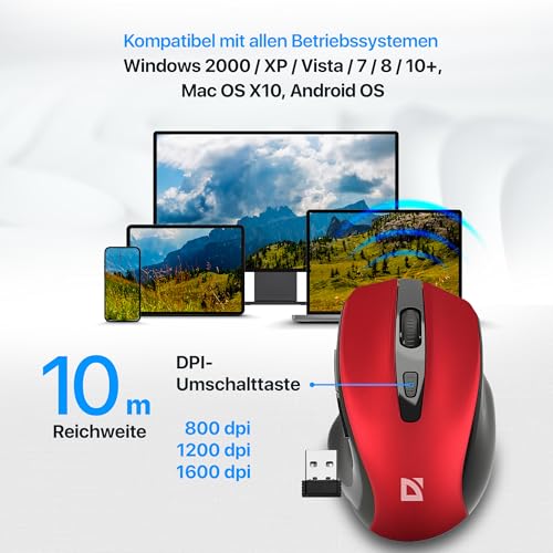 Defender Prime MB-053 – Kabellose Ergonomische Maus, Silent Click, 6 Tasten, 1600 DPI, PixArt Sensor, Büro Maus für PC Laptop (Rot) Bild 3