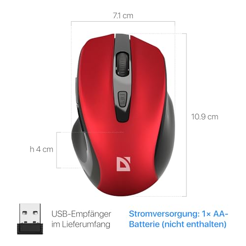 Defender Prime MB-053 – Kabellose Ergonomische Maus, Silent Click, 6 Tasten, 1600 DPI, PixArt Sensor, Büro Maus für PC Laptop (Rot) Bild 7