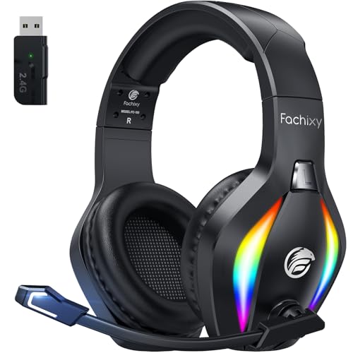 Fachixy FC-100 Bluetooth Headset, 2,4G Gaming Headset Wireless mit Mikrofon für PS5, PS4, PC, Switch, Mac, Surround Sound Noise Cancelling Kopfhörer mit LED Licht, Über 50 Stunden Akkulaufzeit Bild 1