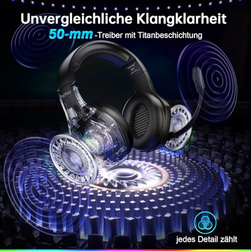 Fachixy FC-100 Bluetooth Headset, 2,4G Gaming Headset Wireless mit Mikrofon für PS5, PS4, PC, Switch, Mac, Surround Sound Noise Cancelling Kopfhörer mit LED Licht, Über 50 Stunden Akkulaufzeit Bild 2