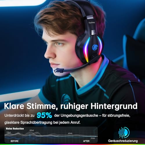 Fachixy FC-100 Bluetooth Headset, 2,4G Gaming Headset Wireless mit Mikrofon für PS5, PS4, PC, Switch, Mac, Surround Sound Noise Cancelling Kopfhörer mit LED Licht, Über 50 Stunden Akkulaufzeit Bild 3