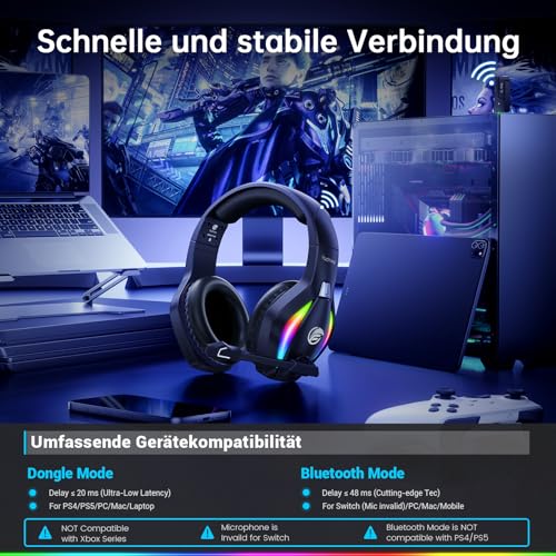 Fachixy FC-100 Bluetooth Headset, 2,4G Gaming Headset Wireless mit Mikrofon für PS5, PS4, PC, Switch, Mac, Surround Sound Noise Cancelling Kopfhörer mit LED Licht, Über 50 Stunden Akkulaufzeit Bild 5