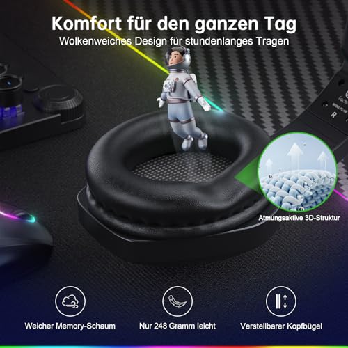 Fachixy FC-100 Bluetooth Headset, 2,4G Gaming Headset Wireless mit Mikrofon für PS5, PS4, PC, Switch, Mac, Surround Sound Noise Cancelling Kopfhörer mit LED Licht, Über 50 Stunden Akkulaufzeit Bild 6