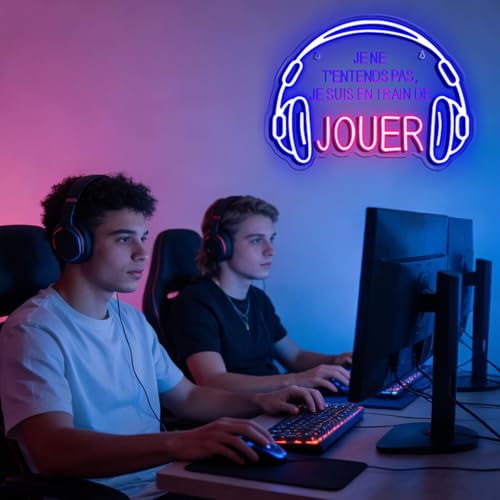 Je Ne T'entends Pas,Je Suis En Train De Jouer Neon Schild,Headset Gaming LED Schild für Schlafzimmer Man Cave Gaming Zimmer Party,Nachtlicht Geschenk für Junge Spieler Gamer USB Powered（15.8"*11.8"） Bild 2