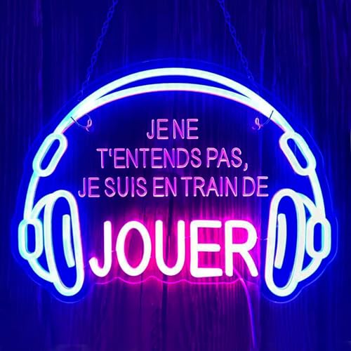 Je Ne T'entends Pas,Je Suis En Train De Jouer Neon Schild,Headset Gaming LED Schild für Schlafzimmer Man Cave Gaming Zimmer Party,Nachtlicht Geschenk für Junge Spieler Gamer USB Powered（15.8"*11.8"） Bild 4