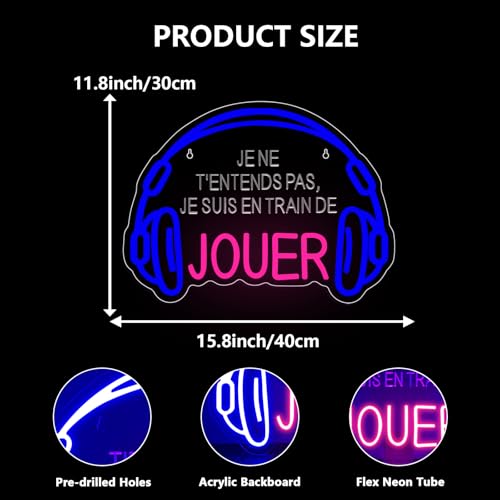 Je Ne T'entends Pas,Je Suis En Train De Jouer Neon Schild,Headset Gaming LED Schild für Schlafzimmer Man Cave Gaming Zimmer Party,Nachtlicht Geschenk für Junge Spieler Gamer USB Powered（15.8"*11.8"） Bild 5