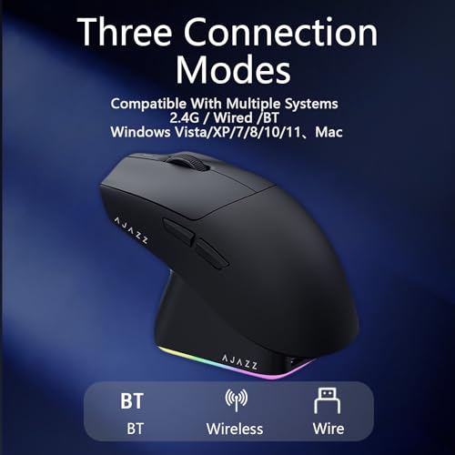 AJAZZ AJ139P V3 Mc Wireless Gaming Mouse, PAW3311 Sensor, 24K DPI, 2.4G/USB-C/BT, 800mAh Battery, Ultra-Light 69g, RGB Magnetic Charging Base, 80 Million Clicks Life, Compatible with PC and Mac, Black Bild 2