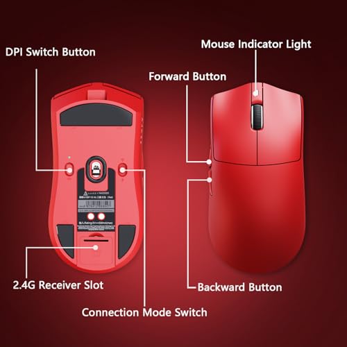 AJAZZ AJ139P V3 Mc Wireless Gaming Mouse, PAW3311 Sensor, 24K DPI, 2.4G/USB-C/BT, 800mAh Battery, Ultra-Light 69g, RGB Magnetic Charging Base, 80 Million Clicks Life, Compatible with PC and Mac, Red Bild 5