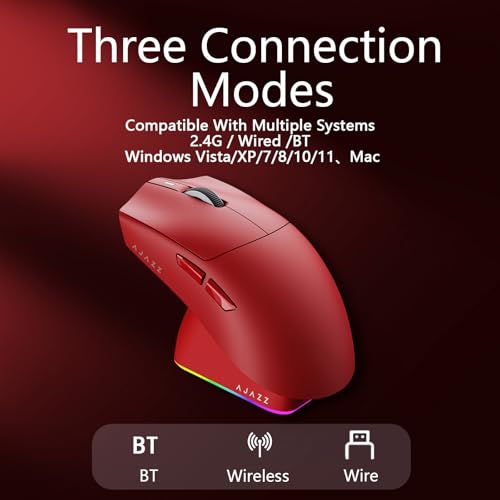 AJAZZ AJ139P V3 Mc Wireless Gaming Mouse, PAW3311 Sensor, 24K DPI, 2.4G/USB-C/BT, 800mAh Battery, Ultra-Light 69g, RGB Magnetic Charging Base, 80 Million Clicks Life, Compatible with PC and Mac, Red Bild 6