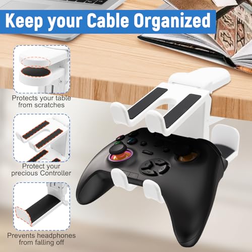 2 in 1 Kopfhörer Ständer Controller Halter, 360° Drehbar Headset Halterung Tisch mit Kabel Organizer, Universal Kopfhörerständer Gaming Zubehör (Weiß) Bild 3