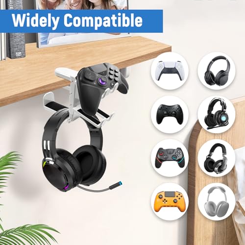 2 in 1 Kopfhörer Ständer Controller Halter, 360° Drehbar Headset Halterung Tisch mit Kabel Organizer, Universal Kopfhörerständer Gaming Zubehör (Weiß) Bild 7