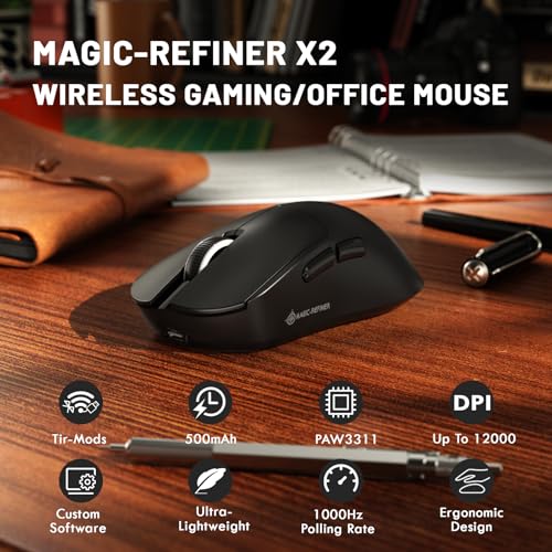 LexonElec Magic-Refiner X2 Superleichte Kabellose Computermaus, Optischer Pixart 3311 Gaming-Sensor, 24000 DPI, 1000 Hz Abtastrate, 2,4G/BT/USB-Wired Mouse, Ergonomisches für Laptop/PC/Mac - Schwarz Bild 2
