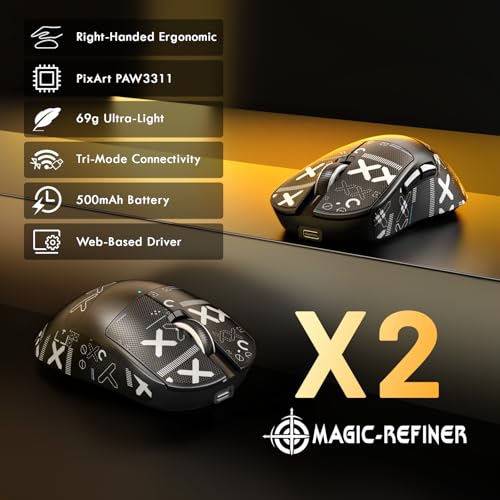 MAGIC-REFINER X2 Kabellose Gaming-Maus, 24000 DPI, PAW3311, Ergonomisch für Rechtshänder, BK52820 MCU, 69g Superlight, 500-mAh-Akku, Bluetooth/2.4G/Kabelgebundene, Griptape-Set, PC/Mac, Schwarz Bild 2