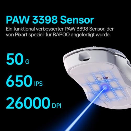 Rapoo VT9Pro 4K Kabellose Gaming-Maus mit PAW 3398 Sensor, 26000 DPI, 4000Hz Abfragerate, 0.25ms Reaktionszeit, 10 Programmierbare Tasten, 160 Stunden Akkulaufzei, Integrierter Speicher-Weiß Bild 2