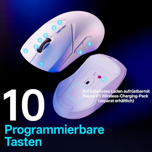 Rapoo VT9Pro 4K Kabellose Gaming-Maus mit PAW 3398 Sensor, 26000 DPI, 4000Hz Abfragerate, 0.25ms Reaktionszeit, 10 Programmierbare Tasten, 160 Stunden Akkulaufzei, Integrierter Speicher-Weiß Bild 4