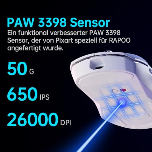 Rapoo VT9Pro Kabellose Gaming-Maus mit PAW 3398 Sensor, 26000 DPI, 1 ms Reaktionszeit, 10 programmierbare Tasten, 160 Stunden Akkulaufzeit, Leichtgewicht, Integrierter Speicher-Weiß Bild 2