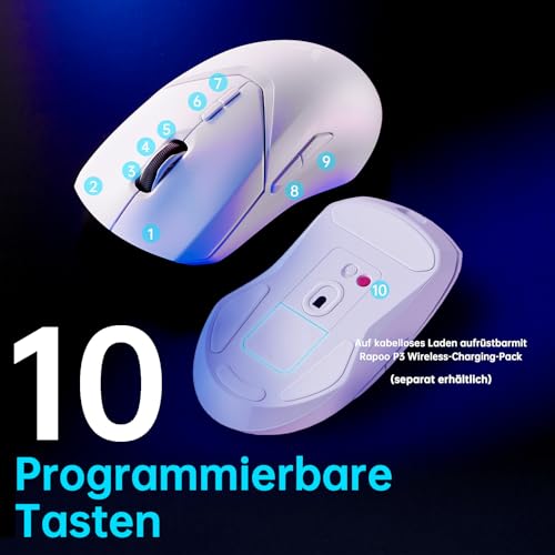 Rapoo VT9Pro Kabellose Gaming-Maus mit PAW 3398 Sensor, 26000 DPI, 1 ms Reaktionszeit, 10 programmierbare Tasten, 160 Stunden Akkulaufzeit, Leichtgewicht, Integrierter Speicher-Weiß Bild 4