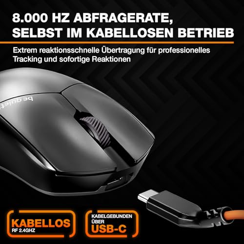 be quiet! Dark Perk Sym PC Gaming Maus, 55 g leicht, extrem Lange Akkulaufzeit, 8.000 Hz Abtastrate, PixArt PAW3950 Sensor, 32.000 DPI, optische 70-m-Switches, 100% PTFE-Glide Skates Bild 4