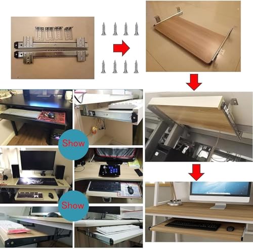 54–70 cm Tastaturschublade mit Klemme für Tastatur und Maus, Schiebeablage für ergonomischen Arbeitsplatz, verstellbare Tiefe, ideal für Heimbüro und Gaming-Setup. Bild 3
