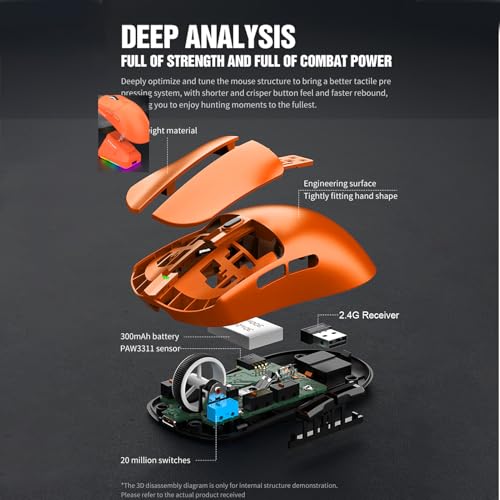 Denash RGB-Gaming-Maus, 65 G Leichte Kabellose Maus mit Ladestation, 800–12.000 DPI DREI-Modus-Verbindung für PC-Gaming und Büro (ORANGE) Bild 4