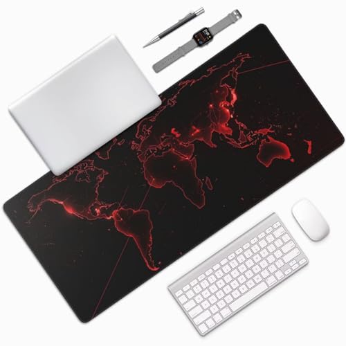 Gaming Mousepad XXL 100x50cm, Rot Schreibtischunterlage Mousepad Weltkarte mit Vernähte Kanten und rutschfeste Gummibasis für Tastatur Maus Verbessert Präzision Geschwindigkeit, Geschenke 0E-378 Bild 1