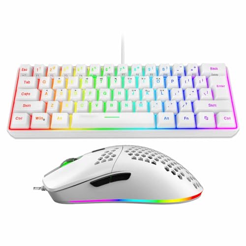 VBESTLIFE Kabelgebundenes Gaming-Tastatur- und Maus-Set, RGB-hintergrundbeleuchtete 61-Tasten-Tastatur mit Multimedia-Funktionstasten und Ergonomischer Maus, für PC-Computer-Gaming-Arbeit (Weißes Bild 1
