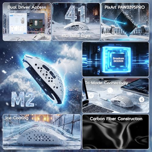 ATTACK SHARK MAMBASNAKE M2 Kohlefaser Funk Gaming - Maus, 41g Ultraleicht, PixArt PAW3395PRO Sensor, Bis 40000 DPI, 100M Klicks - Schalter, 2.4G/BT/USB - C Verkabelt, Für PC/Xbox/PS/Mac - Weiß Bild 2