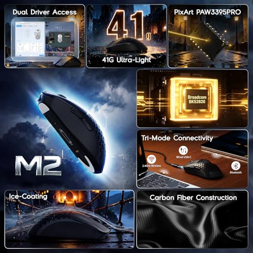 ATTACK SHARK MAMBASNAKE M2 Kohlefaser Funk Gaming - Maus, 41g Ultraleicht, PixArt PAW3395PRO Sensor, Bis 40000 DPI, 100M Klicks, 2.4G/BT/USB - C Wired, Für PC/Xbox/PS/Mac - Schwarz (Mit Griffband) Bild 2