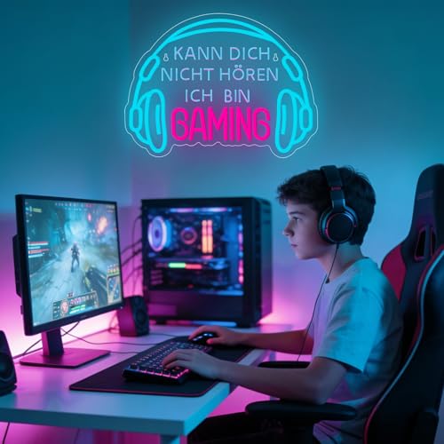 Kann Dich Nicht Hören Ich Bin Gaming Neon Schild,Helles Dimmbares Gaming LED Schild Headset Gamerlicht,Game Neon Schild für Gaming Deko Zimmer,Spielzone Schild,Jungen Schlafzimmer Gaming Zubehör Deko Bild 7