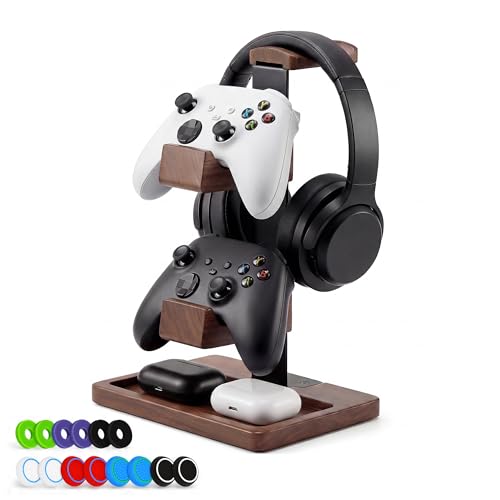 2-in-1-Controller-Halter und Kopfhörer-Ständer, doppelstöckiges Aufbewahrungsregal ausMassivholz für Gaming-Zubehör. Halter für universelle Gaming Controller/Kopfhörer(Baum Braun) Bild 1