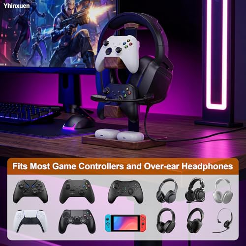 2-in-1-Controller-Halter und Kopfhörer-Ständer, doppelstöckiges Aufbewahrungsregal ausMassivholz für Gaming-Zubehör. Halter für universelle Gaming Controller/Kopfhörer(Baum Braun) Bild 4