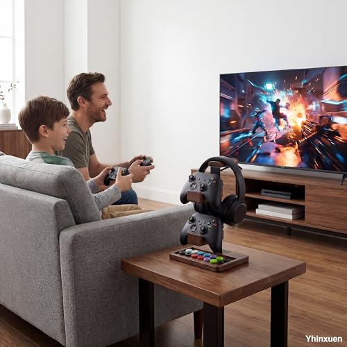 2-in-1-Controller-Halter und Kopfhörer-Ständer, doppelstöckiges Aufbewahrungsregal ausMassivholz für Gaming-Zubehör. Halter für universelle Gaming Controller/Kopfhörer(Baum Braun) Bild 7