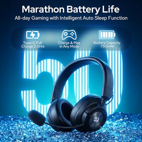 Redragon H889 Kabelloses Gaming-Headset 4-in-1 (2,4 GHz/BT/USB/3,5 mm), 51 h Akkulaufzeit, Laden während des Spielens, 7.1 Surround Sound, 53 mm Treiber, abnehmbares Mikrofon, für Multi-Plattform Bild 6