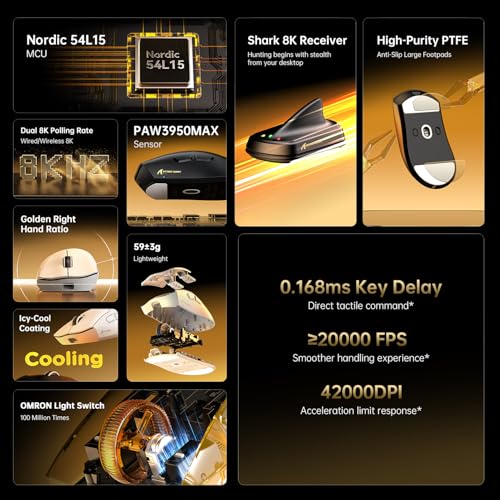 MAMBASNAKE x Attack Shark V8 Wireless Gaming Mouse, 59g Ultra-Lightweight, PAW3950MAX Sensor, Shark 8K Dongle, Tri-Mode (2.4G/Bluetooth/Wired), Right-Hand Ergonomic Design, Web-Based Software Bild 5