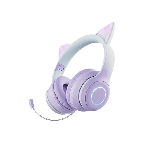 Kabelloses Gaming-Headset, niedliche Katzenohren, Bluetooth 5.3, LED-Beleuchtung, abnehmbares Mikrofon, 40-mm-Treiber, 3,5-mm-AUX-Kabel, faltbar, Bequeme Ohrpolster (Purple) Bild 1
