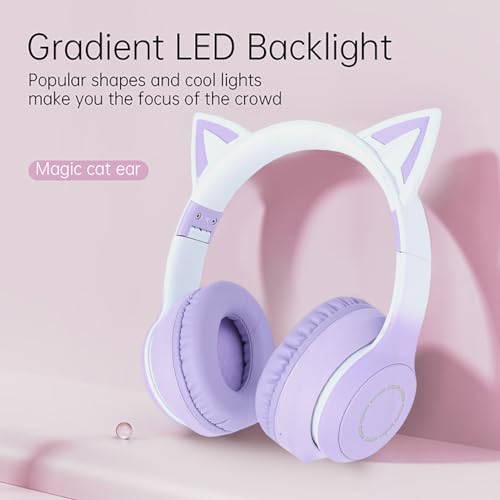 Kabelloses Gaming-Headset, niedliche Katzenohren, Bluetooth 5.3, LED-Beleuchtung, abnehmbares Mikrofon, 40-mm-Treiber, 3,5-mm-AUX-Kabel, faltbar, Bequeme Ohrpolster (Purple) Bild 2