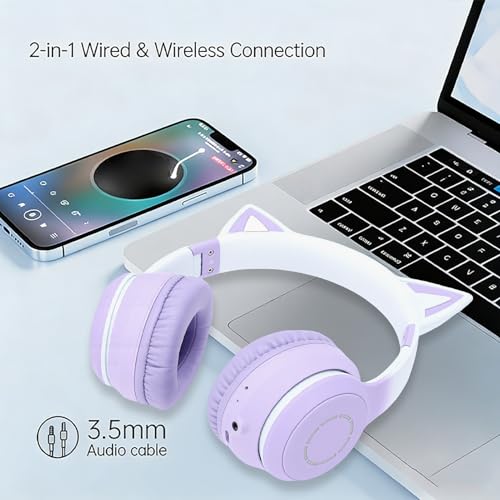 Kabelloses Gaming-Headset, niedliche Katzenohren, Bluetooth 5.3, LED-Beleuchtung, abnehmbares Mikrofon, 40-mm-Treiber, 3,5-mm-AUX-Kabel, faltbar, Bequeme Ohrpolster (Purple) Bild 3
